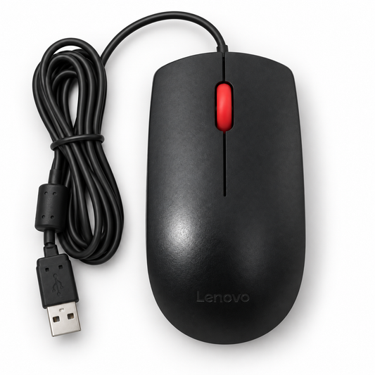 Lenovo Calliope wired USB optical mouse with red scroll wheel