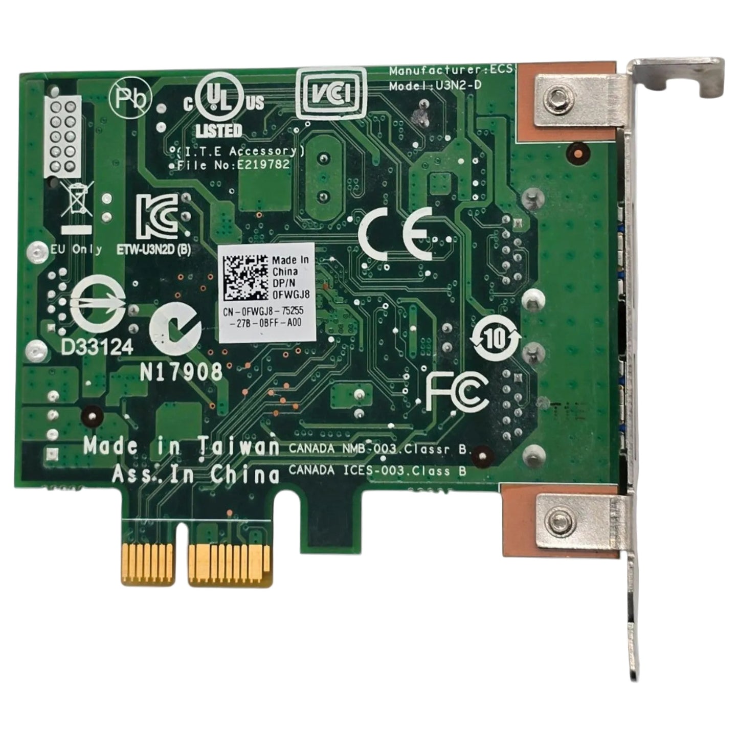 Dell 0FWGJ8 ECS U3N2-D PCIe x1 USB 3.0 2-Port Expansion Card Adapter