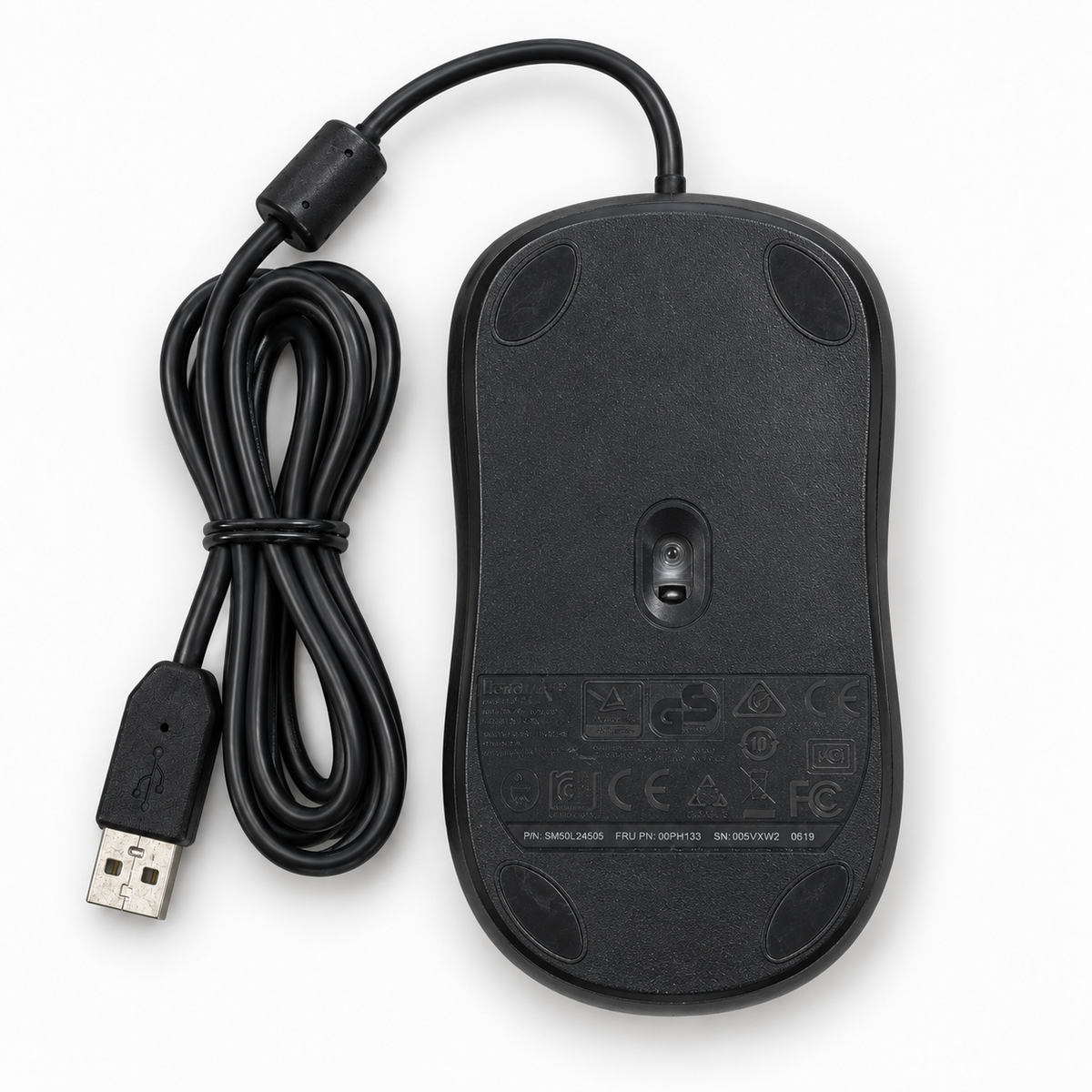 Lenovo Calliope wired USB optical mouse bottom view